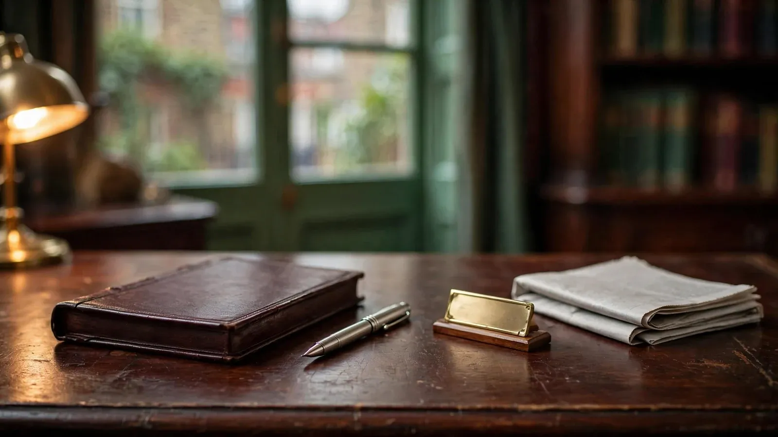Editorial desk with leather legal ledger and fountain pen in British office.