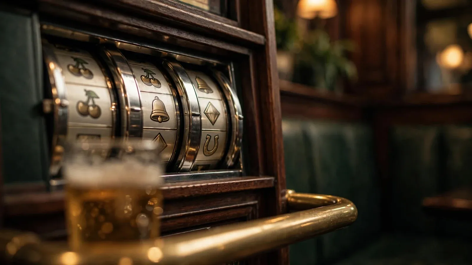 Slot machine reels inside a traditional British pub with warm amber lighting.