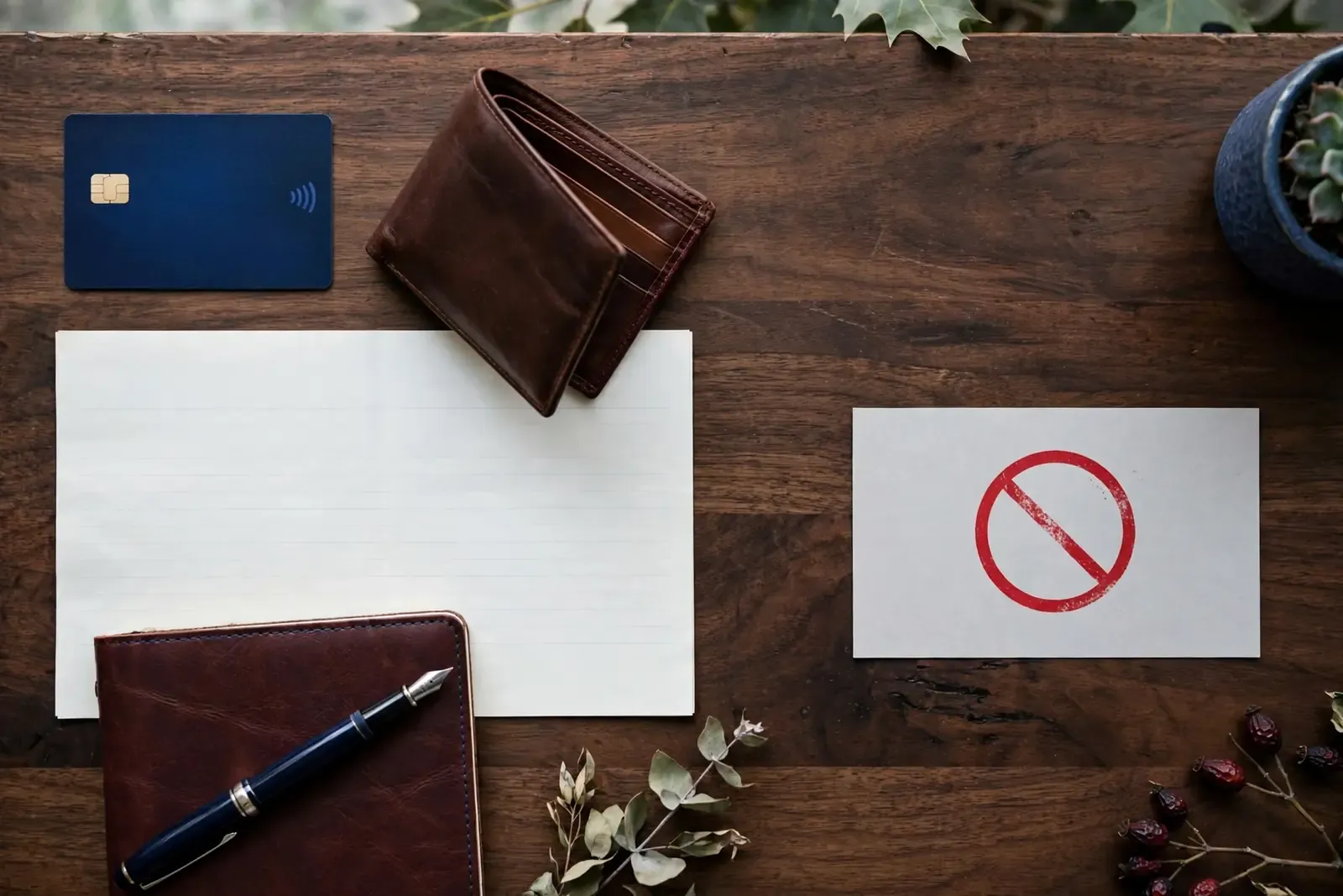 British debit card, wallet and bank statement on a wooden desk with a credit card marked prohibited.