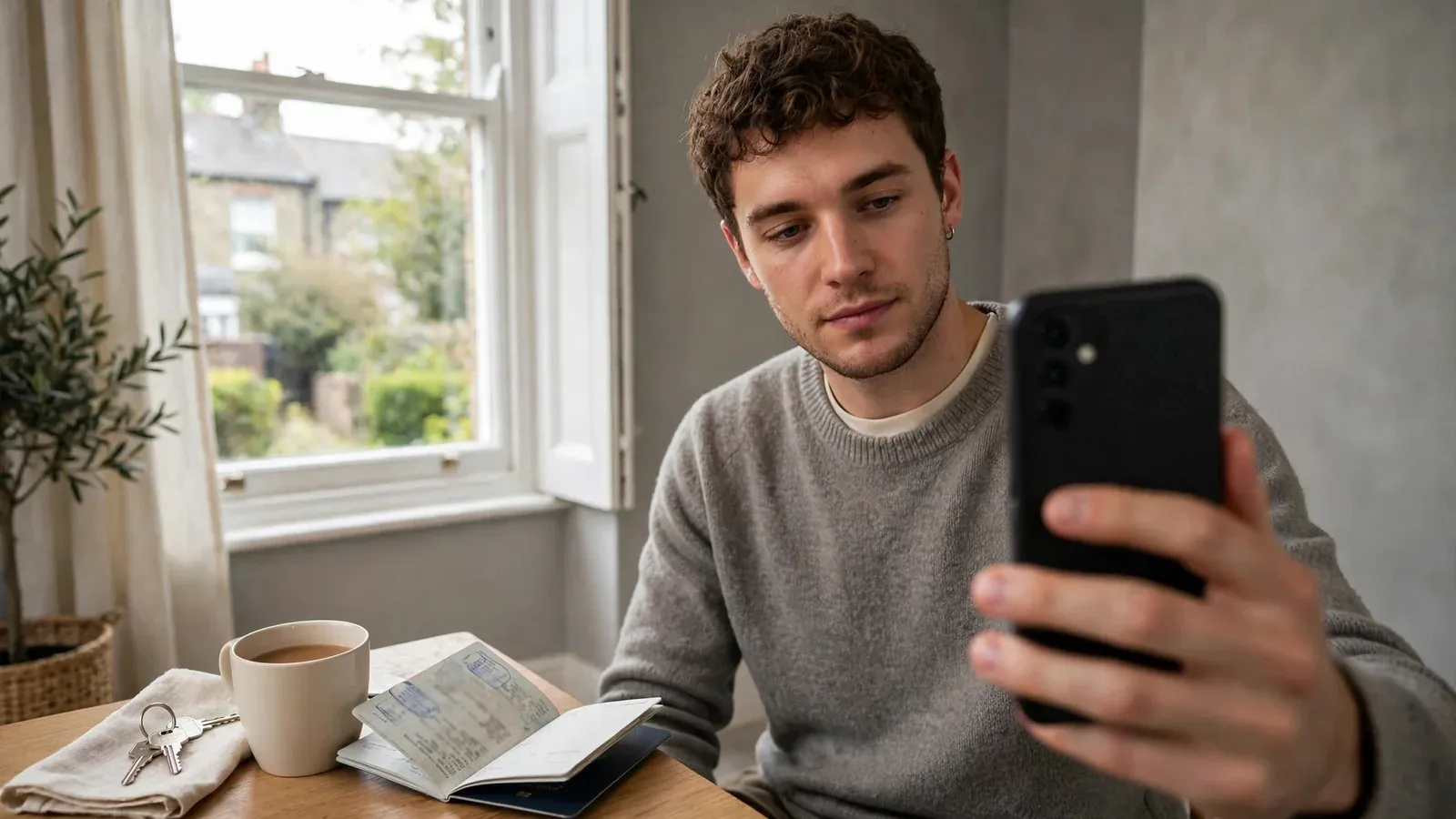 Person verifying identity with a passport and smartphone at a table in a bright British flat.