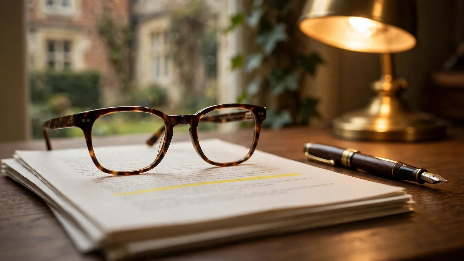 Reading glasses on printed terms-and-conditions pages with a pen and highlighter.