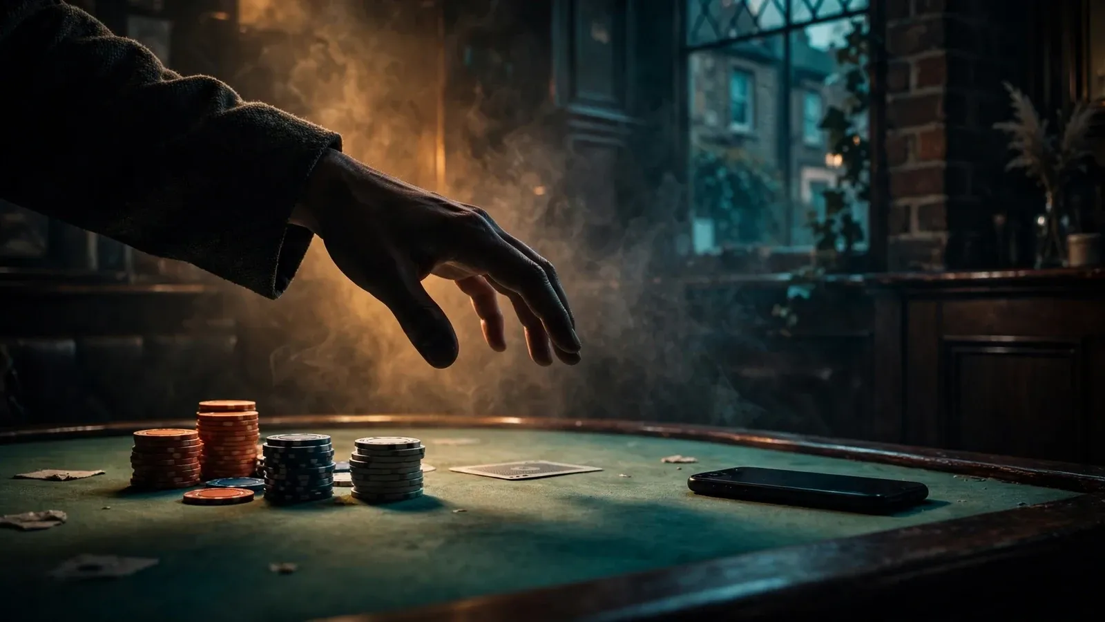 Silhouetted hand over casino chips and a face-down card on a green felt table.
