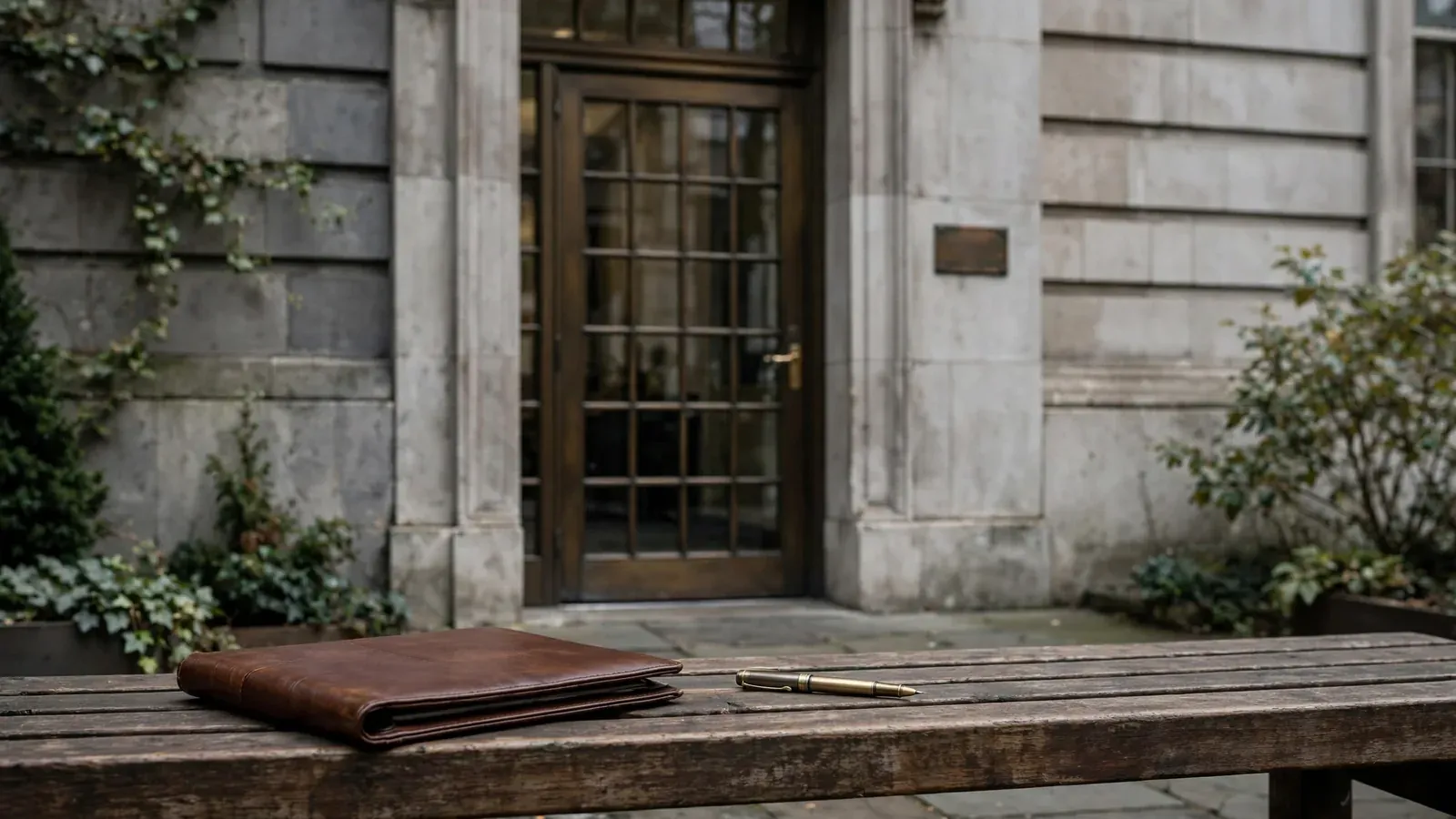 Entrance of a UK regulatory office with a leather portfolio on a wooden bench.