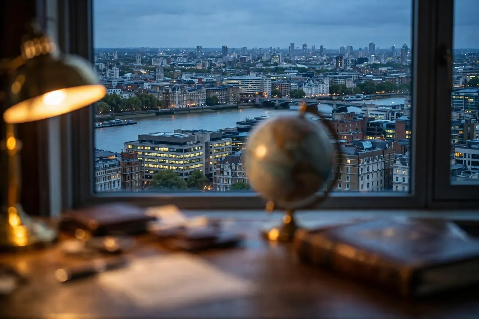London skyline at dusk seen from an office desk with a globe and regulatory folder.