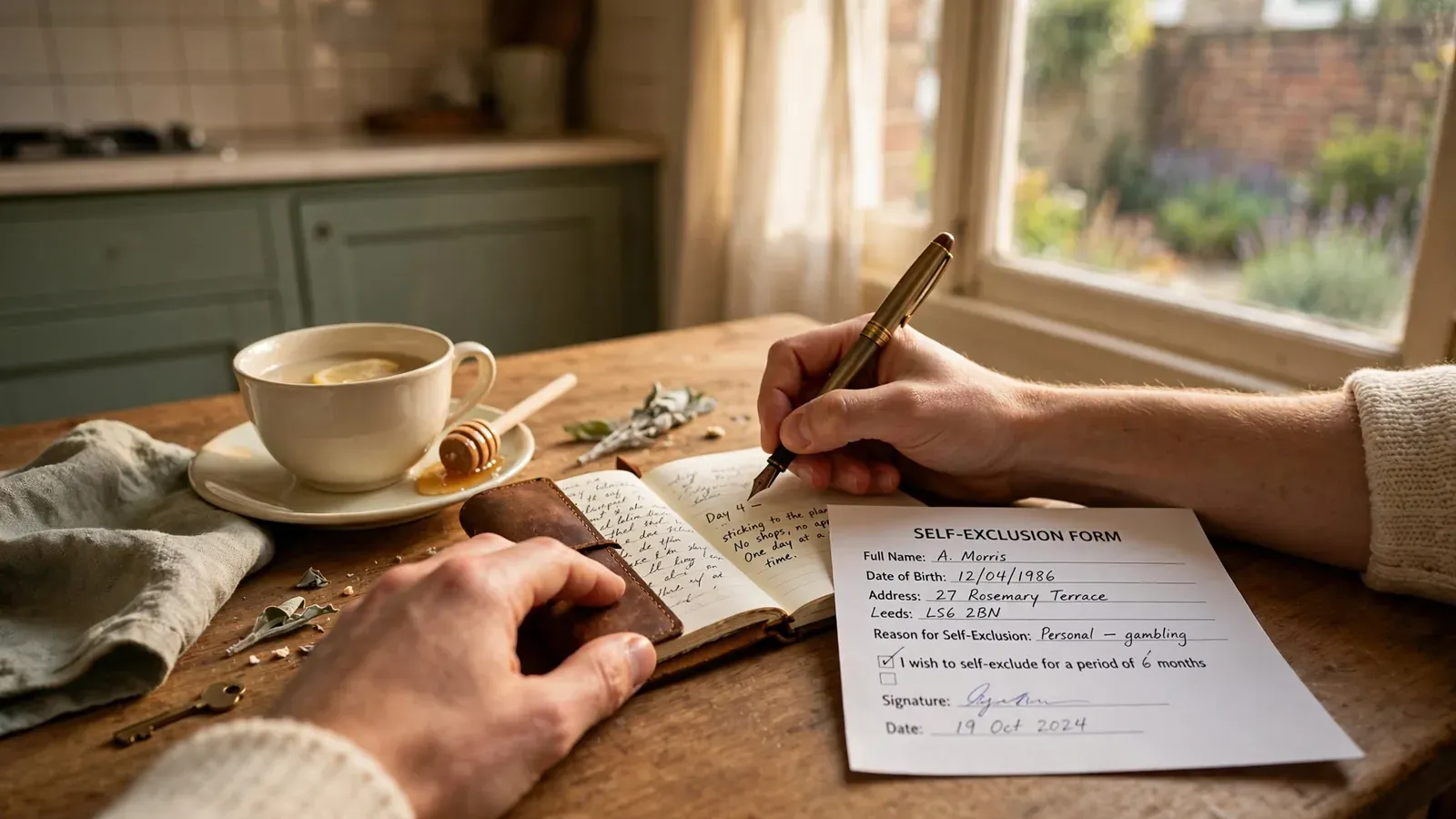 Hands writing in a notebook beside a teacup and self-exclusion form on a kitchen table.