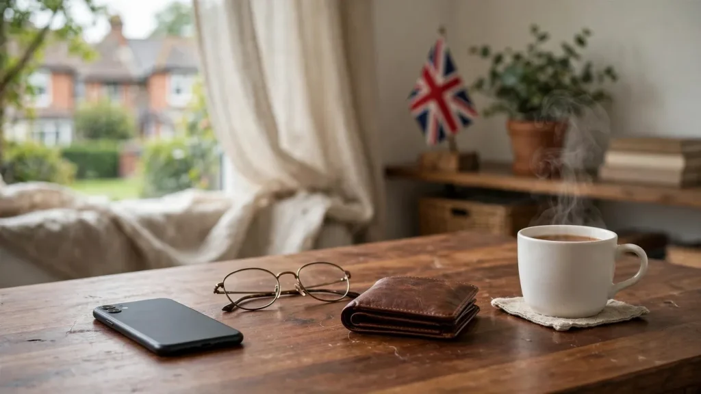 British home office desk with smartphone, wallet, and tea cup