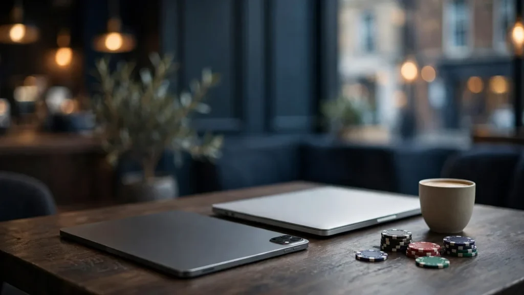 Face-down iPad, laptop, coffee, and casino chips in a London setting