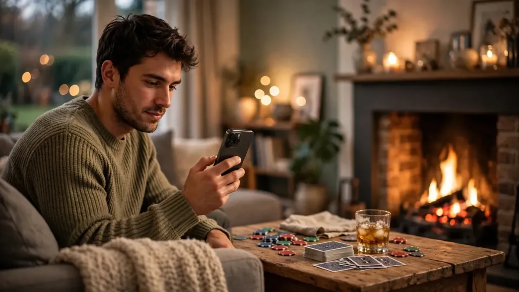 Person holding a smartphone near casino chips and cards in a warm British living room