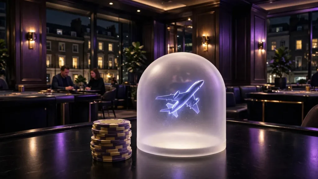 Modern UK casino interior with chips and glowing jet motif at night