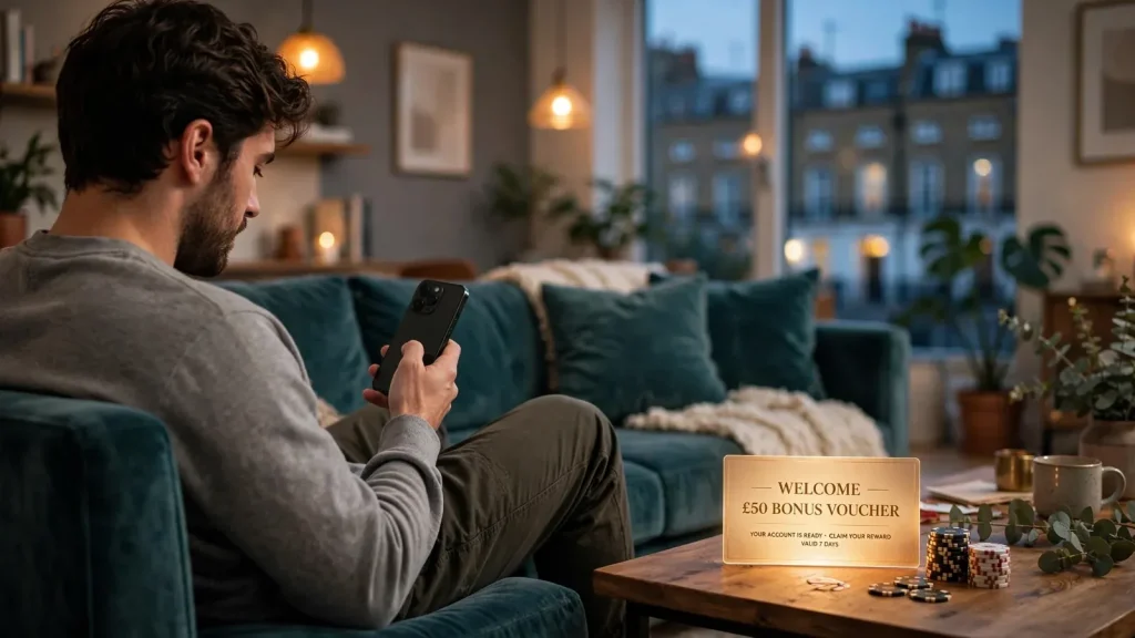 Person with smartphone and welcome bonus voucher beside casino chips in London apartment