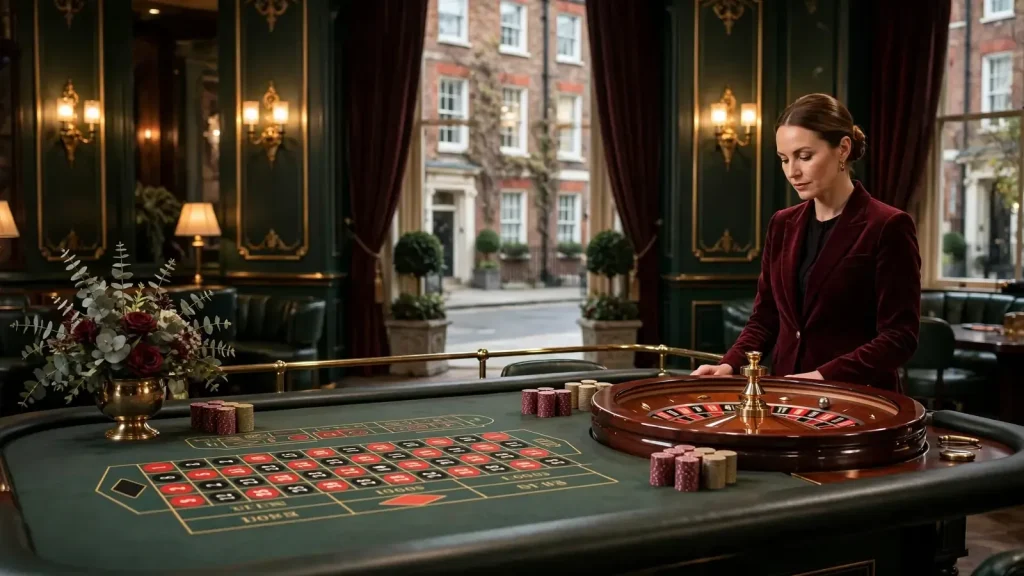 Professional dealer prepares a physical roulette wheel in an elegant UK casino studio.