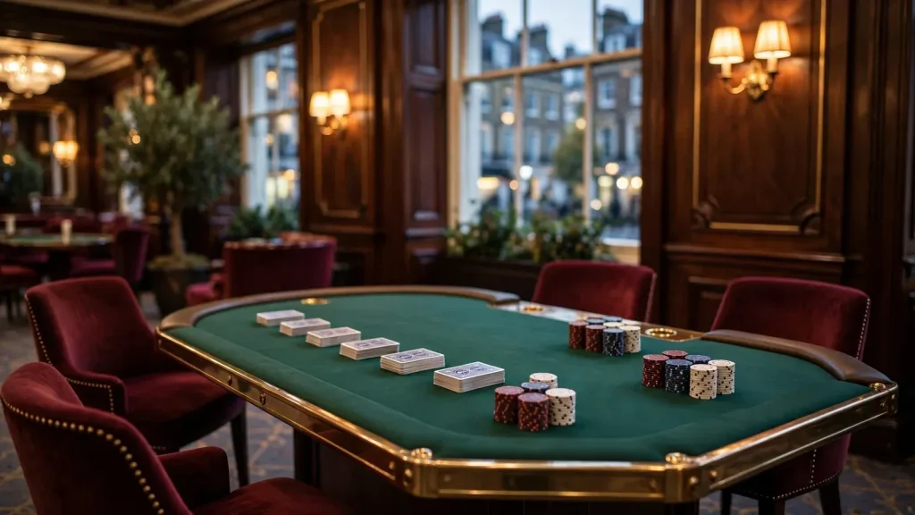 Elegant empty live baccarat table in a luxurious London casino lounge