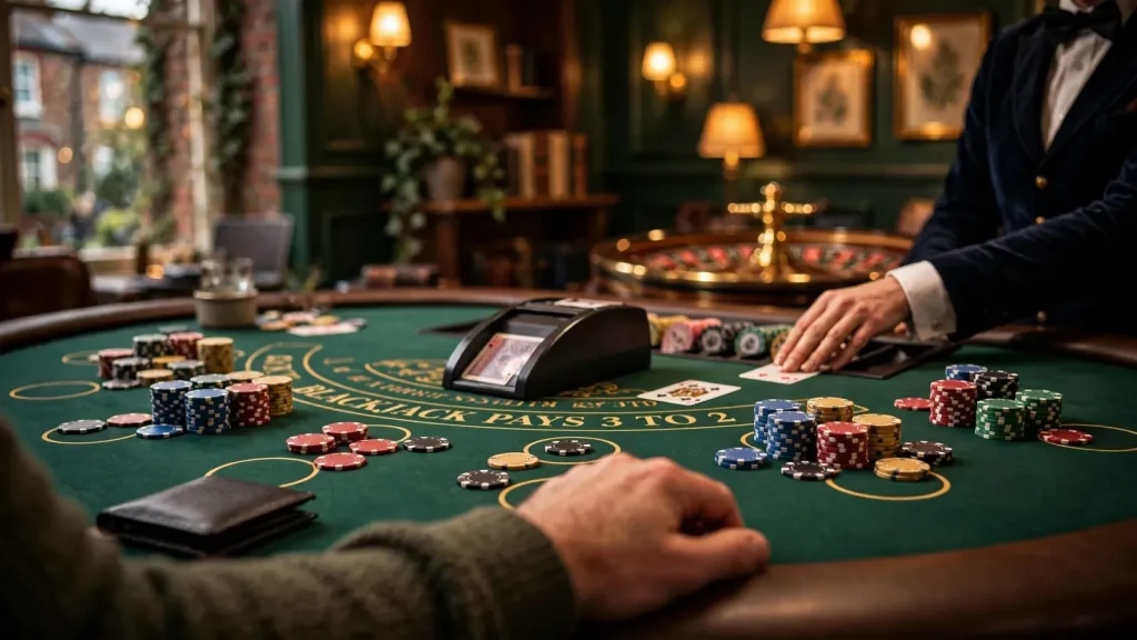 Professional dealer dealing cards at a live online blackjack table with casino chips.
