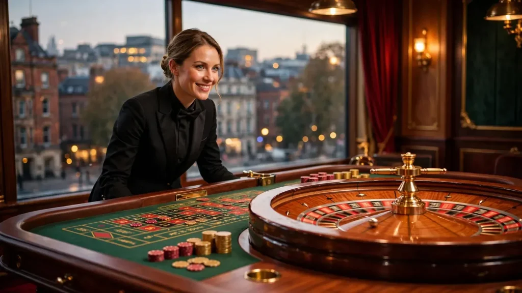 Live roulette studio with a friendly dealer at a polished table.
