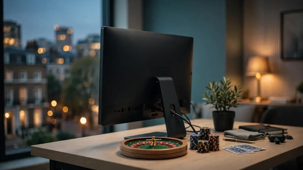 London apartment desk scene with hidden monitor, roulette wheel, chips, and face-down cards