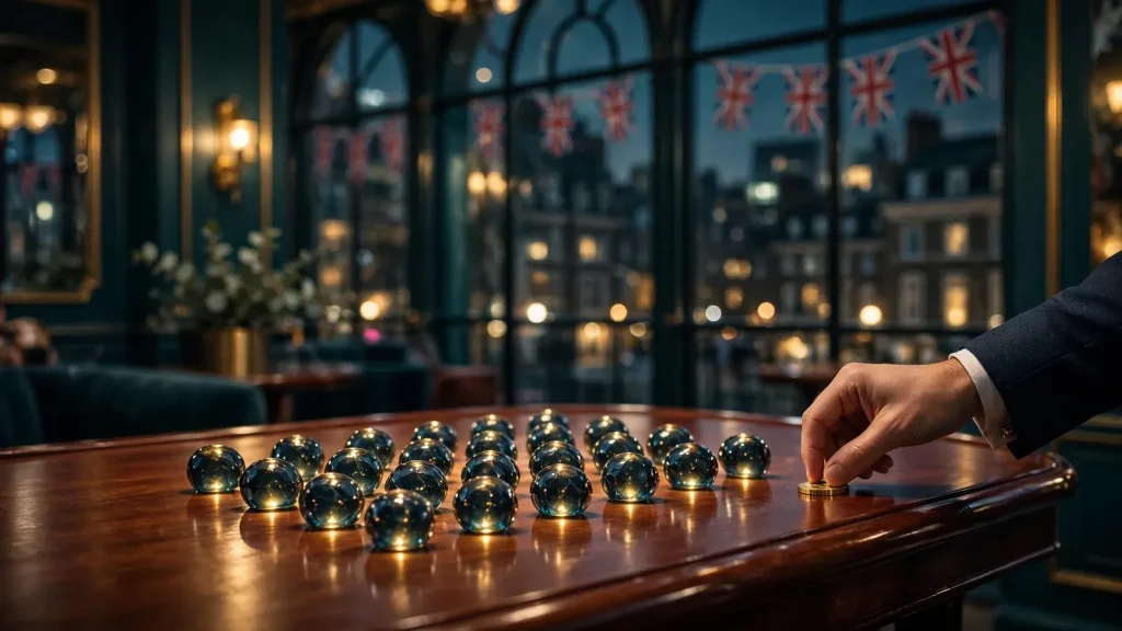 Stylized British casino table with glowing grid of orbs at night