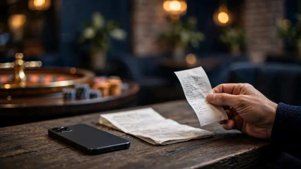 Mobile phone payment beside subtle UK casino setting