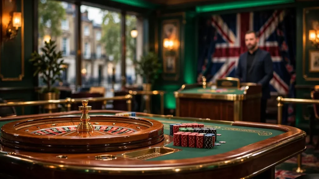 Elegant UK live casino studio with a roulette wheel and chips on a wooden table.