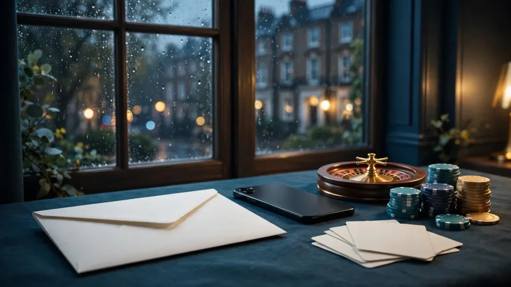 Blank gift envelope, face-down smartphone, roulette wheel and chips, London skyline in blue-gold lighting