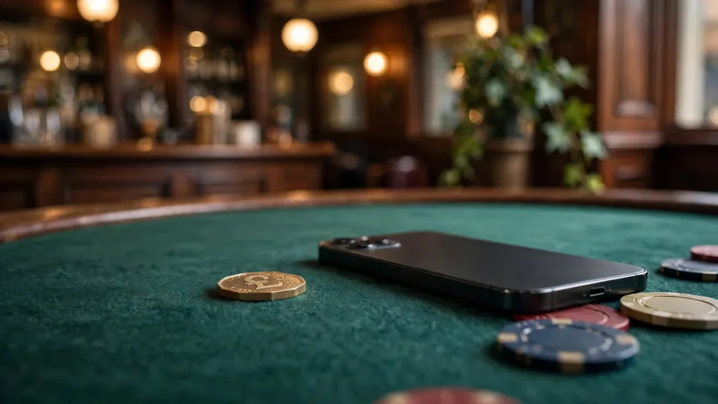 One-pound coin beside a closed phone on a casino table