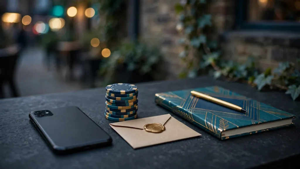 Closed smartphone with casino chips and bonus envelope on a premium UK-themed desk