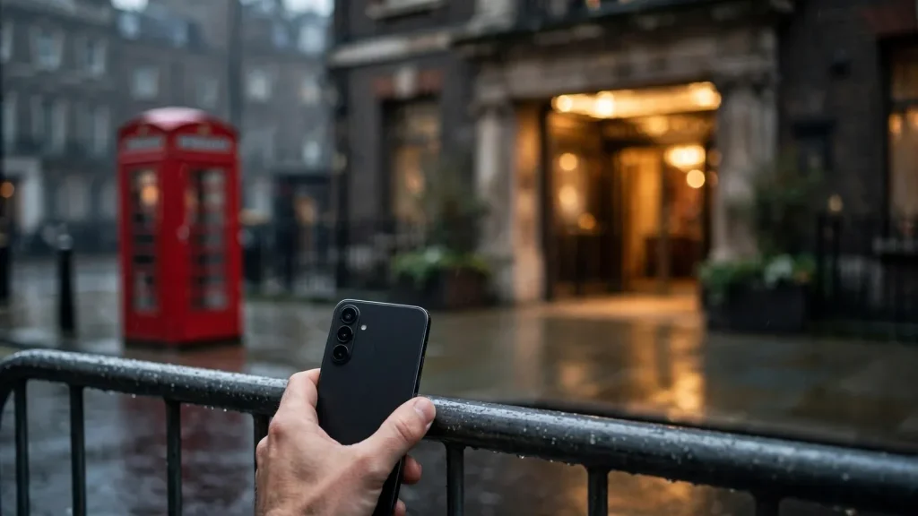 Face-down smartphone outside a discreet UK casino entrance on a rainy London street