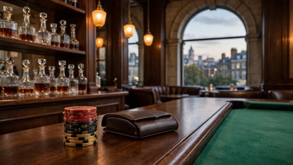 Casino chips and closed card shoe on a dark-wood European lounge counter with London skyline at dusk.
