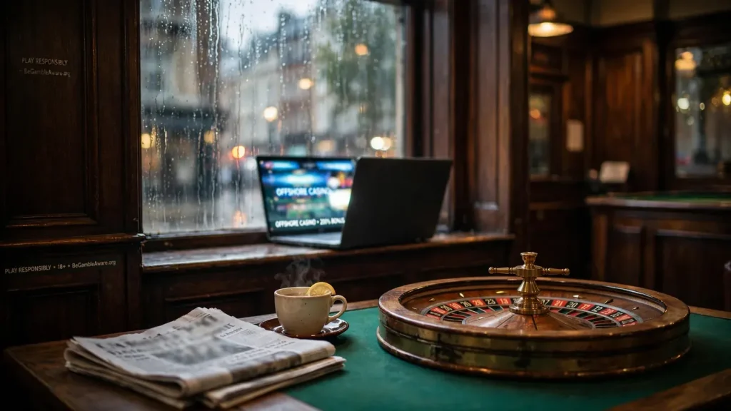 London betting shop interior with roulette wheel, rain-streaked window, and offshore casino laptop