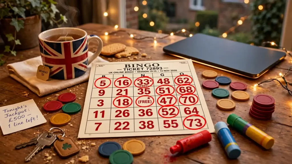 Bingo ticket with numbers, daubers, and chips on a wooden table with tea and soft lights