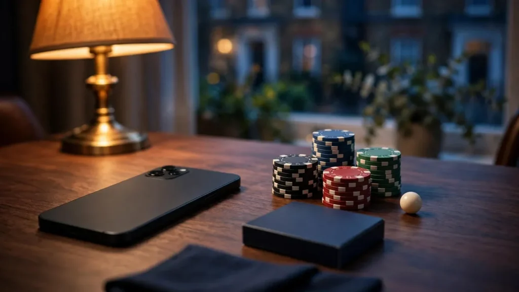 Face-down smartphone with casino chips and cards on a UK-themed table