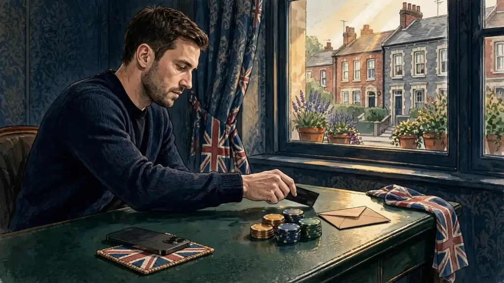UK player making a repeat casino deposit beside a neutral smartphone