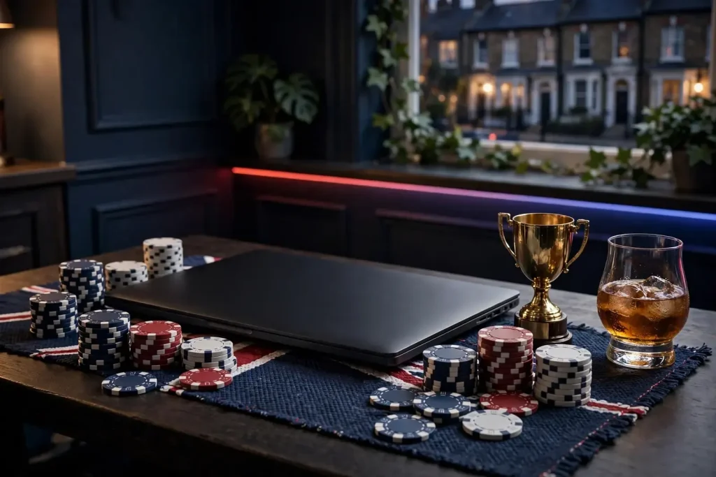 Closed laptop, tournament chips, trophy, and premium British casino atmosphere