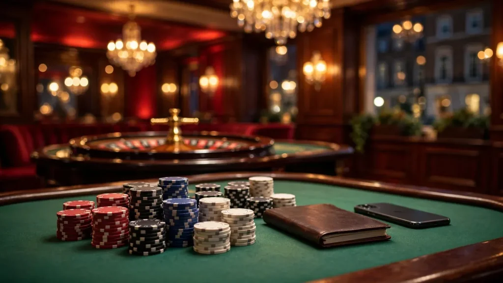 Elegant British casino lounge with chips and roulette wheel at night