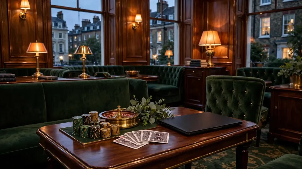 Luxurious British casino lounge with chips, cards, roulette accessories, and closed laptop