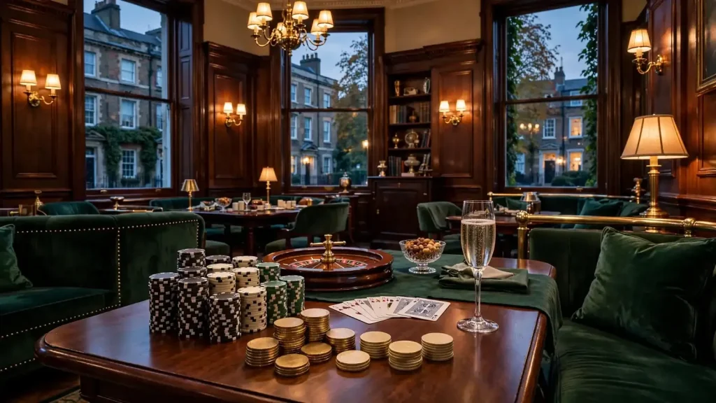 Luxurious casino lounge with chips, cards, roulette wheel and stacked deposit tokens