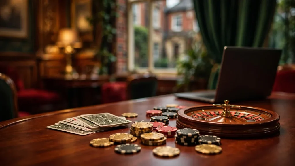 Glamorous British casino table with chips, cards, and roulette wheel