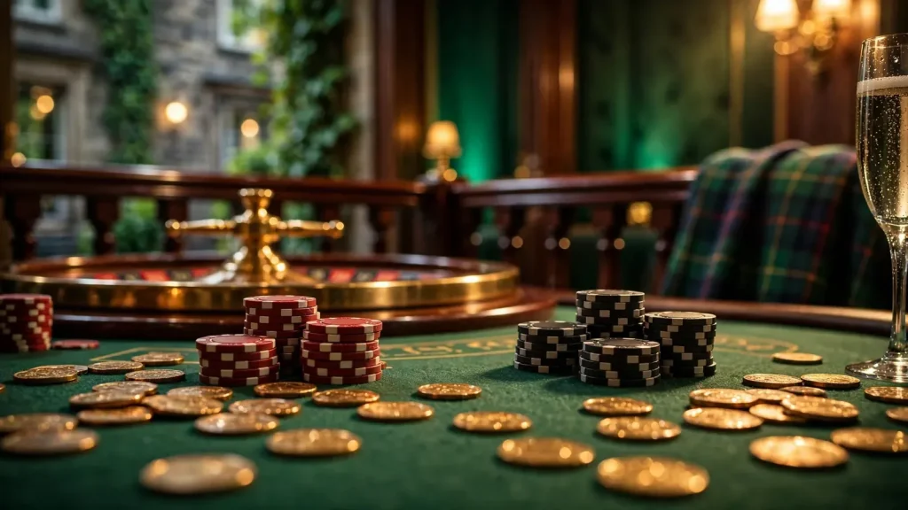 Luxurious casino table with stacked poker chips, golden coins, and a roulette wheel in warm lighting.