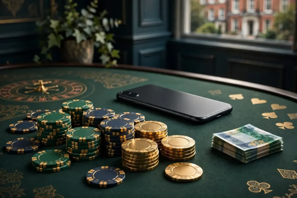 Premium smartphone and casino tokens on a green table