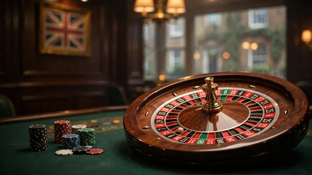 American roulette wheel on a green casino table with chip stacks in a UK gaming lounge