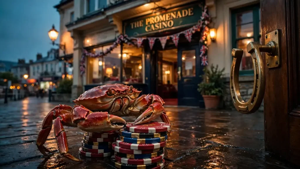 British seaside casino entrance at dusk with a red crab on casino chips