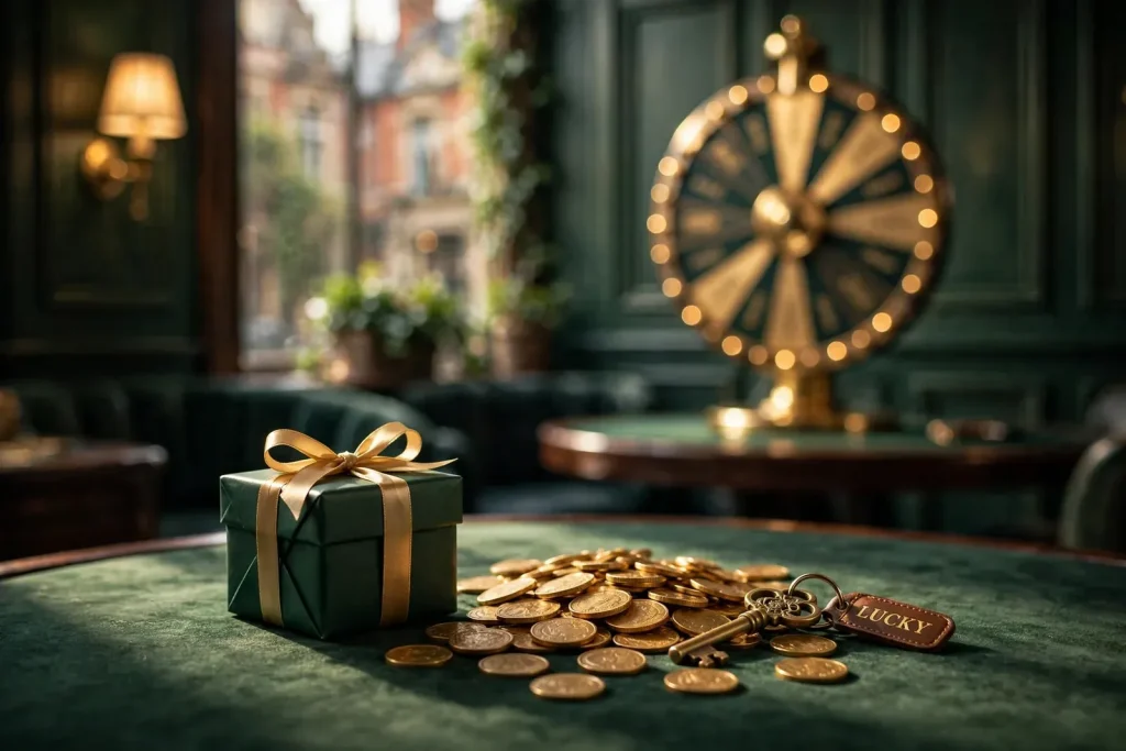 Daily casino rewards with gifts, coins, and prize wheel
