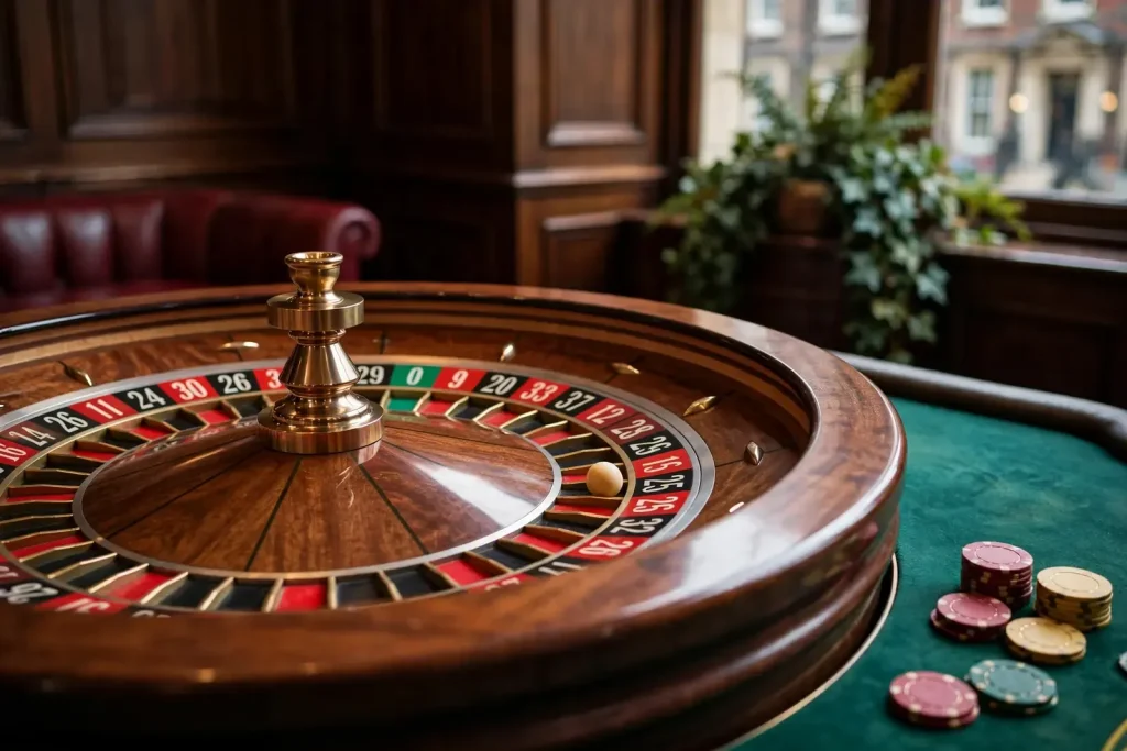 European roulette wheel with one green zero and ivory ball