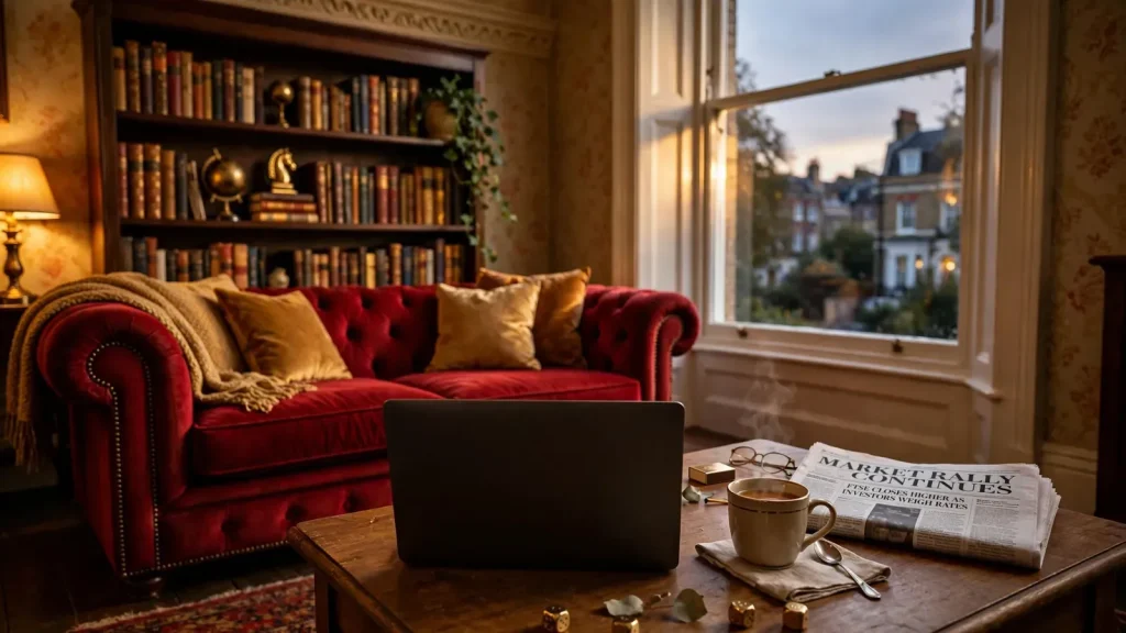 Laptop on a table in a London living room, screen facing away, evening atmosphere.