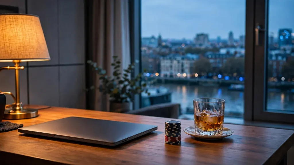 Closed laptop beside poker chips and whisky in a modern London flat