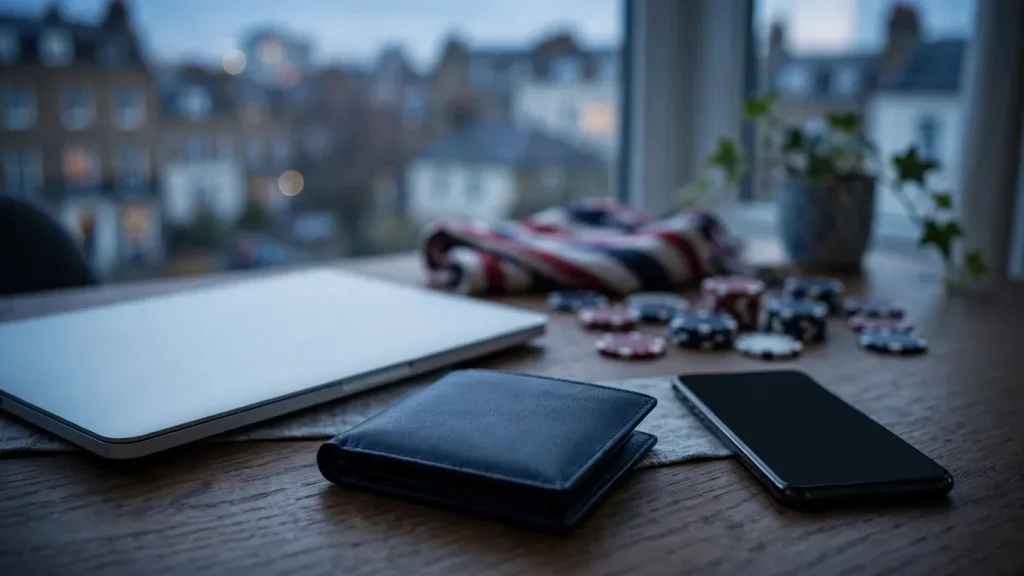 Closed laptop, identity documents and casino chips in a UK setting