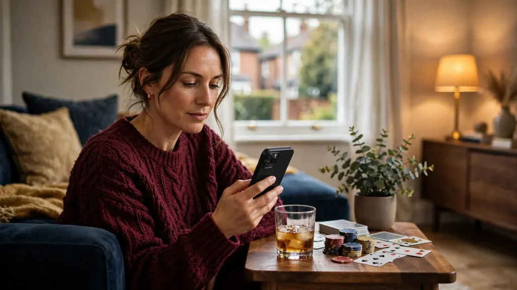 Person with smartphone, casino chips and playing cards in a cozy UK living room