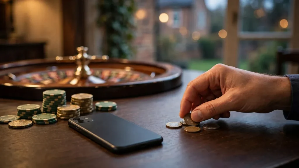 UK casino deposit scene with British currency, face-down smartphone, chips, and roulette wheel