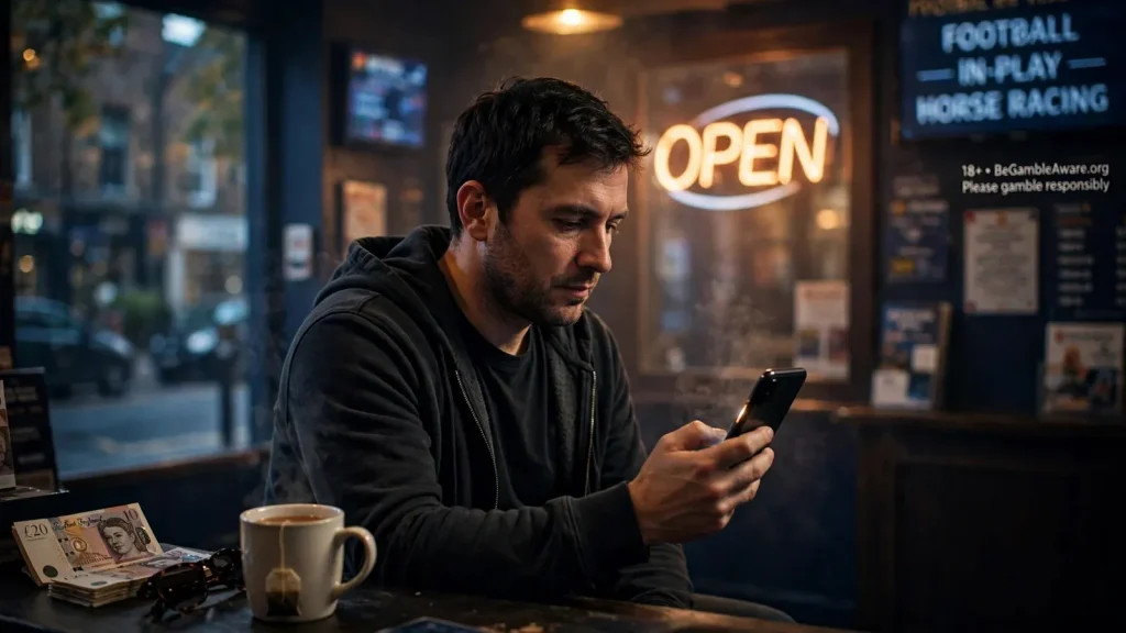 Man in a UK betting shop using a smartphone with screen hidden