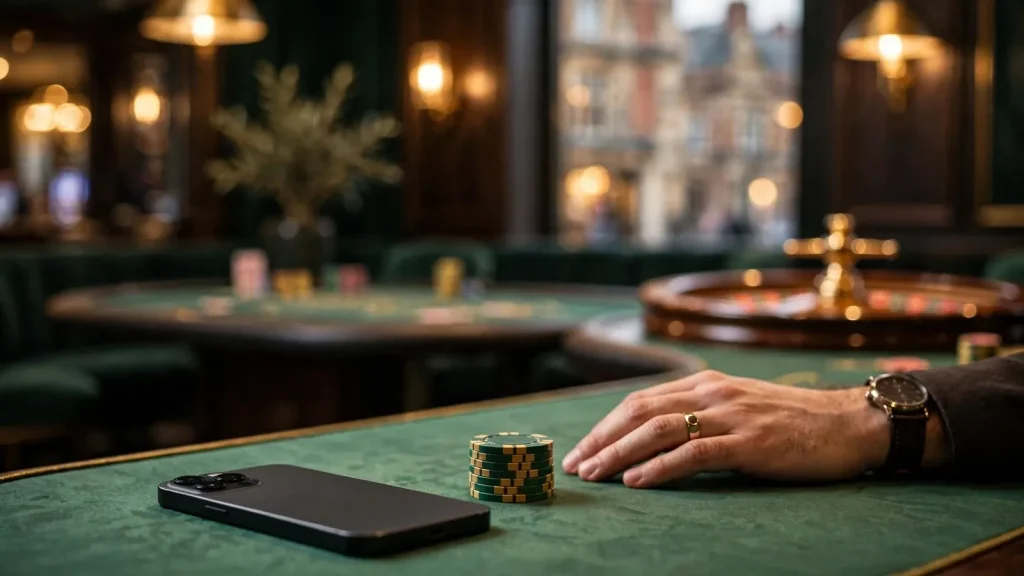 Smartphone on casino table next to chips, Pay-by-Phone deposit scene