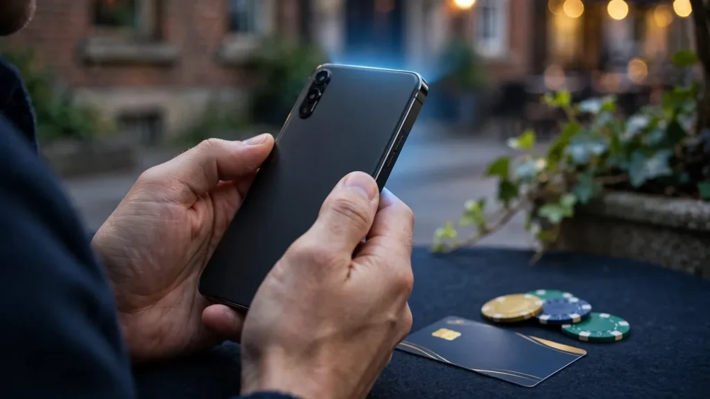 Adult confirming a mobile casino payment via SMS on a smartphone